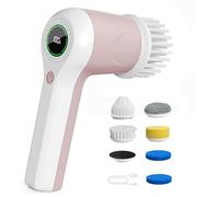 PUFTEM Electric Spin Scrubber, Cordless Shower Scrubber with Battery Level Display, 2 Speeds Electric Scrubber for Cleaning with 6 Replaceable Heads, Cleaning Brush for Bathroom/Sink/Window (Pink)