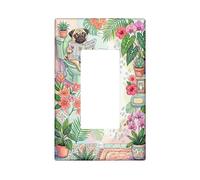 Pug Bathroom Single Rocker Light Switch Cover, Tropical Playful Flowers Plants Summer Green Plastic Standard Size Switch Plate Decorative for Home Living Room New Apartment Decor
