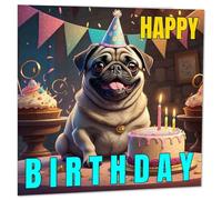 Pug Birthday Card - Cute Adorable Pug Dog Happy Birthday Cards 145 x 145mm