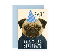 Pug Birthday Card - Grumpy Dog in Party Hat - Hilarious Animal Birthday Card for Him, Her, Friends, Siblings, Brother, Sister, Pet Owners, Fur Mum Dad, Dog Lovers - Comes with Stickers