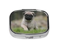 Pug Bokeh Puppy Dogs Lawn Pets Pug,Meta Pill Box 2 Compartment Medicine Case,Portable Organizer,Rectangle Meta Portable Organizer Pill Box 2598 Compartment Medicine Case