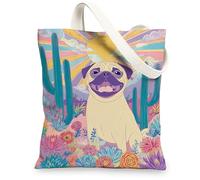 Pug Canvas Tote Bag, Eco-Friendly Reusable Shopping Bags, Cheery Lightweight Dog Lover Shoulder Bags 13x15 Inch
