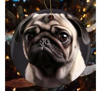 Pug Ceramic Christmas Ornaments - 4 Pcs Rustic Round Xma Tree Decor with Hanging String, Personalized Vintage Double-Sided Holiday Party Decorations for Xmas Gifts
