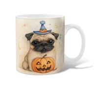 Pug Ceramic Coffee Mug, Halloween Fanciful Pumpkin Hat Halloween Orange Novelty Office Drinking Cup with Handle Gift for Friends Family Co-Worker Lovers Eldership Senior 15 Oz