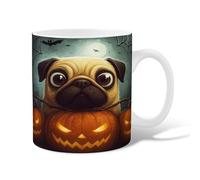 Pug Ceramic Coffee Mug, Halloween Fanciful Pumpkin Moon Halloween Orange Novelty Office Drinking Cup with Handle Gift for Friends Family Co-Worker Lovers Eldership Senior 15 Oz