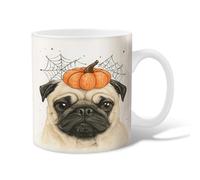 Pug Ceramic Coffee Mug, Halloween Fanciful Pumpkin Spider Web Halloween Orange Novelty Work Drinking Mugs with Handle Gift for Friends Family Lovers Eldership Senior Co-Worker 15 Oz