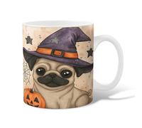Pug Ceramic Coffee Mug, Halloween Fanciful Witch Hat Pumpkin Halloween Violet Novelty Office Drinking Cup with Handle Gift for Friends Family Co-Worker Lovers Eldership Senior 15 Oz