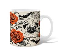 Pug Ceramic Coffee Mug, Halloween Gothic Rose Spiderweb Halloween Orange Novelty Work Drinking Mugs with Handle Gift for Friends Family Lovers Eldership Senior Co-Worker 11 Oz