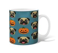 Pug Ceramic Coffee Mug, Halloween Playful Pumpkin Face Halloween Teal Novelty Work Drinking Mugs with Handle Gift for Friends Family Lovers Eldership Senior Co-Worker 11 Oz