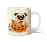 Pug Ceramic Coffee Mug, Halloween Playful Pumpkin Leaf Halloween Orange Novelty Work Drinking Mugs with Handle Gift for Friends Family Co-Worker Lovers Eldership Senior 11 Oz