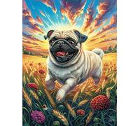 Pug Dog in Wheat Field 300 Pieces Jigsaw Puzzles Wild Animal Flowers For Men Educational Decompression Adults Anxiety Memory Care Mothers Valentines Premium Cardboard 300 PCS