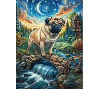 Pug Dog on Stone Bridge 500 Pieces Premium Jigsaw Puzzle Adult Jigsaws Educational Challenge Mental Exercise Wall Art Winter Rigid Cardboard 500 PCS