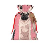 Pug Dog Pink Background Christmas Drawstring Sack Gift Bag, Lightweight And Cute In Design