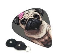 Pug Dog Printed Guitar Picks, 6 Pack with Leather Keychain Pick Holder - 0.46mm, 0.71mm, 0.96mm Assorted Thickness for Acoustic Ukulele, Electric Guitar, Acoustic Guitar, Bass