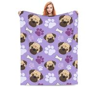 Pug Dog Throw Blanket for Pug Lovers Fleece Super Soft Plush Bones Paws Print for Adults Kids Lightweight 50" x 40" Sofa Chair Bed Office Pug Poster Decoration Decor Travel Cartoon Pug Gifts Purple