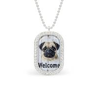 Pug Dog Welcome on Wooden Board Rectangle Pendant Necklace Silver Women Jewelry Alloy Keychain Tag Jewelry