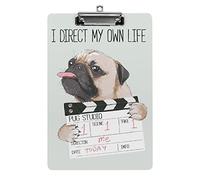 Pug Dog with Film Clap Board A4 Size Clipboard Funny Aesthetic Working Studying Letter Standard Clip Board 12.5×8.5 in Hardboard for School Classroom Kids Writing Drawing