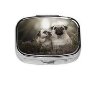 Pug Dogs Family Bokeh Mother and Cub Dogs Pets,Meta Pill Box 2 Compartment Medicine Case,Portable Organizer