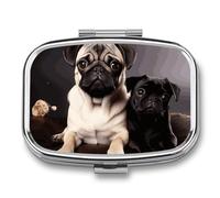 Pug Dogs Pill Box - 2 Compartment Pill Box - Portable Pill Organizer for Pocket or Purse - Decorative Metal Medicine & Vitamins Organizer