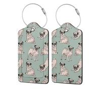 Pug Dogs Sitting,Luggage Tags Pu Leather Name Tag Travel Suitcase Identifier ID Tags Durable Luggage Label 2 pcs
