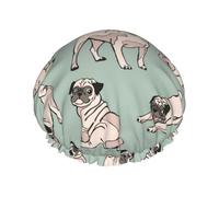 Pug Dogs Sitting,Shower Cap Nightcap Double Layer Waterproof Elastic Bath Cap Reusable Hair Cap