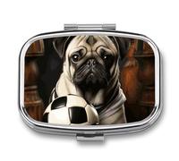 Pug Dogs with Soccer Ball Football Pill Box 2 Compartment Pill Case Portable Pocket Pill Organizer Medicine Vitamin Organizer for Men Women