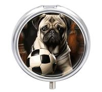 Pug Dogs with Soccer Ball Football Round Pill Box 3 Compartment Pill Case Portable Travel Pill Organizer Medicine Tablet Vitamin Holder Organizer for Purse Pocket