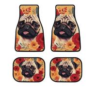 Pug Flower Car Floor Mats Set of 4, Soft Car Carpet with Non-Slip Backing, Decorative Front Rear Carpet Universal Fit for Most Cars, Trucks, SUVs and Vans