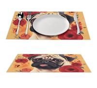 Pug Flower Placemat, 4 PCS PVC Placemats Washable Non-Slip Place Mats for Dining Table, Wipeable Table Mat for Party Kitchen Dining Decor
