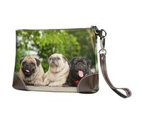 Pug Friendship Bokeh Dogs Pets Friends Pug,Wristlet Bags PU Leather Clutch Womens Zip Purse Wallet Handbag with Wrist Strap