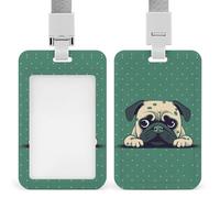 Pug Green Polka Dot Id Badge Holder with Lanyard, Clear Vertical Card Protector Waterproof, Breakaway Safety Neck Strap, Heavy Duty Name Tag Holder for Nurse Teacher Officer Staff Women Men