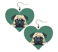 Pug Green Polka Dot Leather Earrings for Women Heart Earring Lightweight Dangle Earrings Jewelry Gifts, One Size, No Gemstone