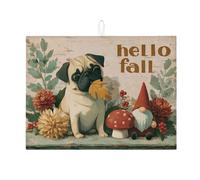 Pug Hello Fall Dish Drying Mats For Kitchen Counter, Autumn Floral Absorbent Dish Drainer Rack Mat, Vintage Microfiber Drying Pad For Kitchen Counter Decor 18x24 Inch