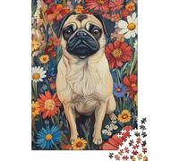 Pug in A Flower Field Pug Surrounded by Blooms Dog Wall Art Print Puzzle 1000 Pieces for Adults, Animal Art Challenge for Weekend Relaxation 38x26cm/1000pcs