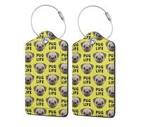 Pug Life Cute Pug Face Yellow,Luggage Tags Pu Leather Name Tag Travel Suitcase Identifier ID Tags Durable Luggage Label 2 pcs