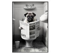 Pug on Toilet Funny Art Print, Dog Reading Newspaper Bathroom Decor Poster Unframed (B2-50 x 70 cm)