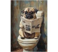 Pug on Toilet Jigsaw Puzzle 1000 Pieces for Adults - Quirky Dog Reading Newpaper with Glasses - Dog Bathroom Decor Puzzles