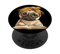 Pug Open Book Reading Dog Lover Graphic Portrait Round Polka PopSockets Adhesive PopGrip