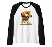 Pug Open Book Reading Dog Lover Graphic Portrait Round Polka Raglan Baseball Tee