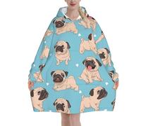 Pug Oversized Women's Wearable Blanket Hoodie, Flannel Pullover Blanket, Blanket Sweatshirt