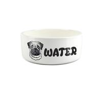 Pug Pet Bowl - Cartoon Dog Portrait Large Ceramic Water Bowl - Novelty White Water Dish For Dogs