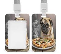 Pug Pizza Badge Holder Waterproof Plastic ID Card Badge Holders with Lanyard Vertical Card Case Protector Pouch Clear Window Work Badges for Women Men