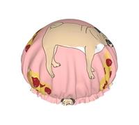 Pug Pizza Pink Print Soft Lined Shower Cap, Double Layer Washable Wide Elastic Band Hair Shower Cap For Bath