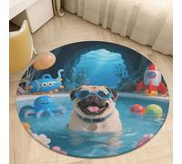 Pug Pool Drift Round Area Rug - Non-Slip Circle Doormat for Entryway, Washable Low-Profile Throw Rugs for Living Room, Bedroom, Office, Kitchen, Stain Resistant Floor Mat 90 * 90cm