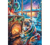 Pug Puppy in Cozy Cottage 300 Pieces Set Classic Jigsaw Puzzle Couple Puzzle Partners Mind Relaxation Wall Decor Easter New Year Recycled Cardboard Material 300 PCS