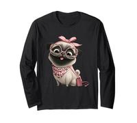 Pug Puppy Kawaii Dog Pink Leopard Round Glasses Portrait Long Sleeve T-Shirt