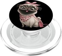 Pug Puppy Kawaii Dog Pink Leopard Round Glasses Portrait PopSockets PopGrip for MagSafe