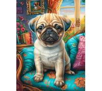 Pug Puppy on A Couch 300 Pieces Set Classic Jigsaw Puzzle Science Fiction Magical Dream Couple Puzzle Partners Mind Relaxation Wall Decor Easter New Year Recycled Cardboard Material 300 PCS