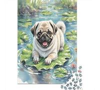 Pug Puppy on Lily Pad Jigsaw Puzzle for Teens 14+ 1000 Pieces Holiday Puzzle Activity Great Gift Idea 38x26cm/1000pcs