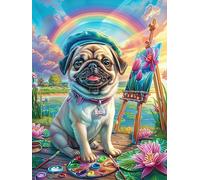 Pug Puppy Painting in A Garden 300 Piece Premium Jigsaw Puzzle Science Fiction Magical Dream For Men Educational Decompression Adults Anxiety Memory Care Mothers Valentines Creativity Gift Giving 30